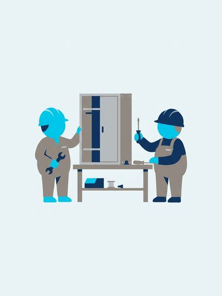Two workers assemble the panel at a workbench